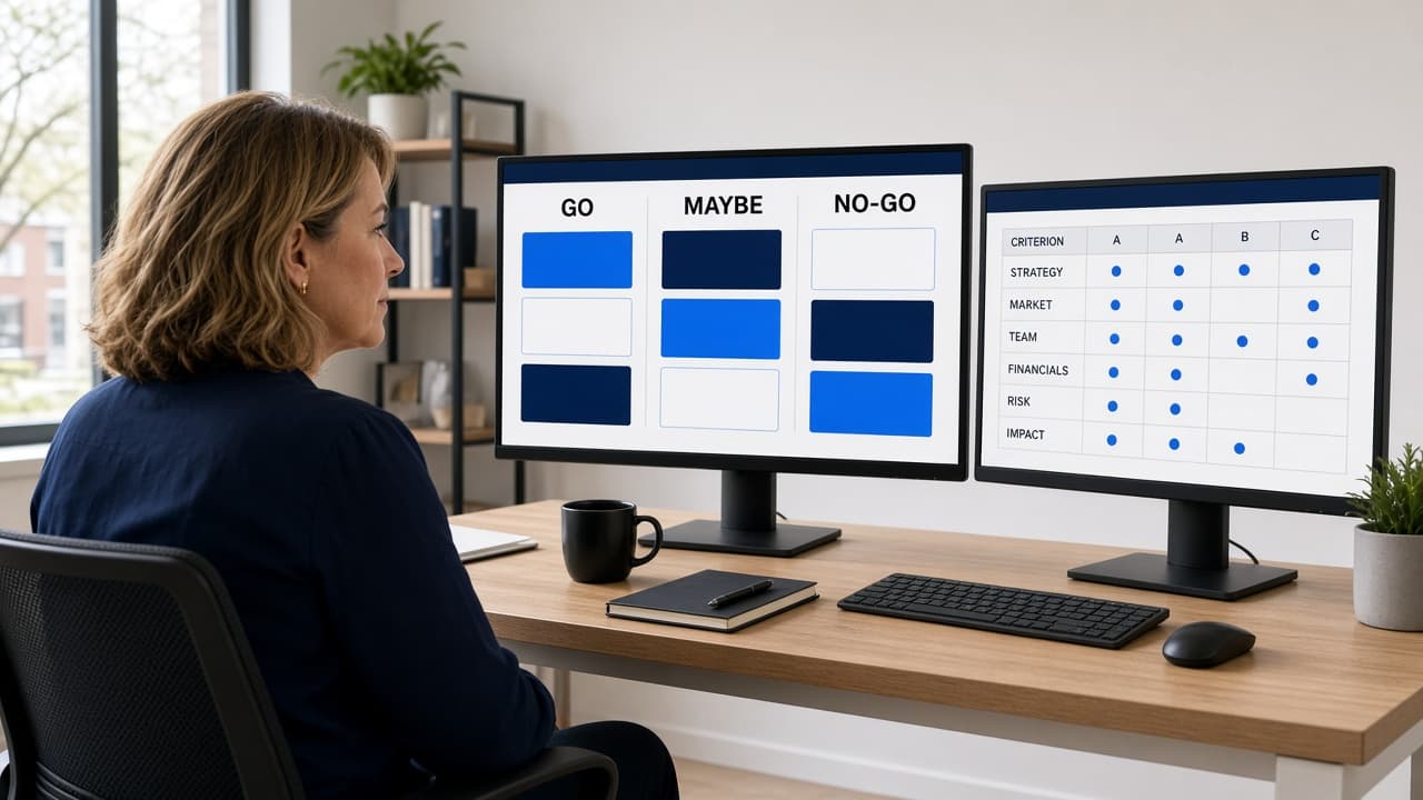 Un laptop qui affiche plusieurs cartes de dossiers dans un espace de travail structuré: la surface visuelle d'une due diligence batch à l'échelle.