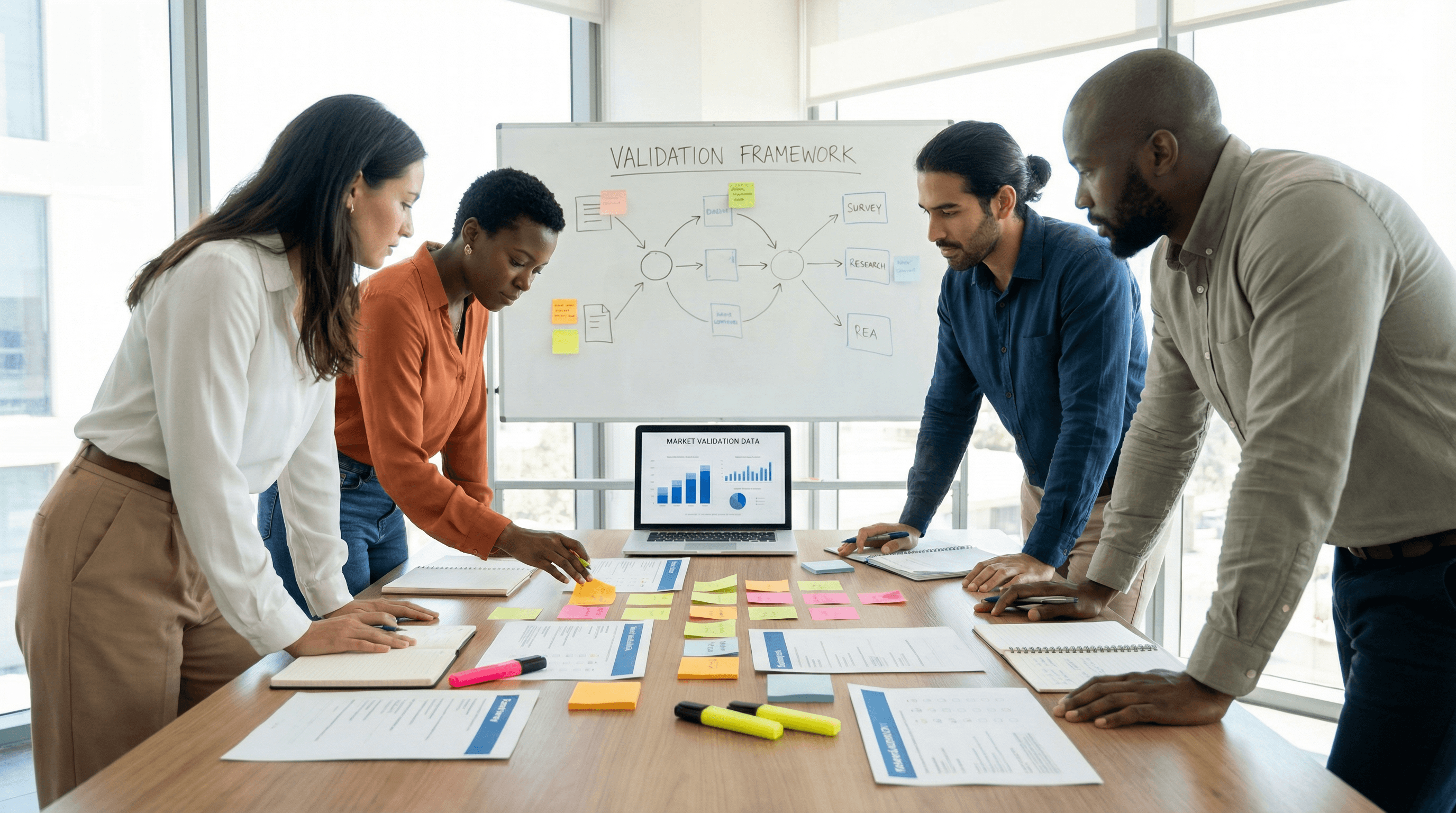 A 6-pillar product-market-fit validation framework illustrated as connected modules.