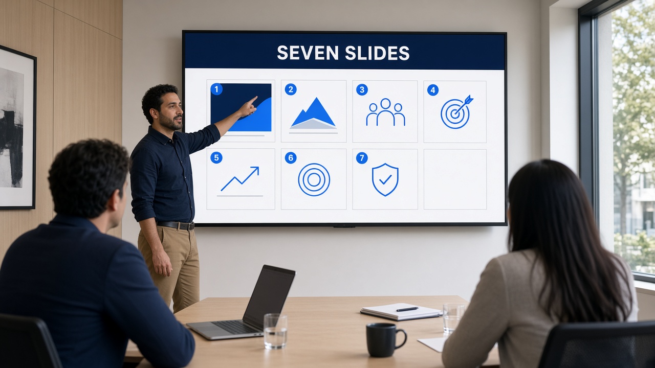 A founder presenting a minimalist pitch deck — clarity over coverage.
