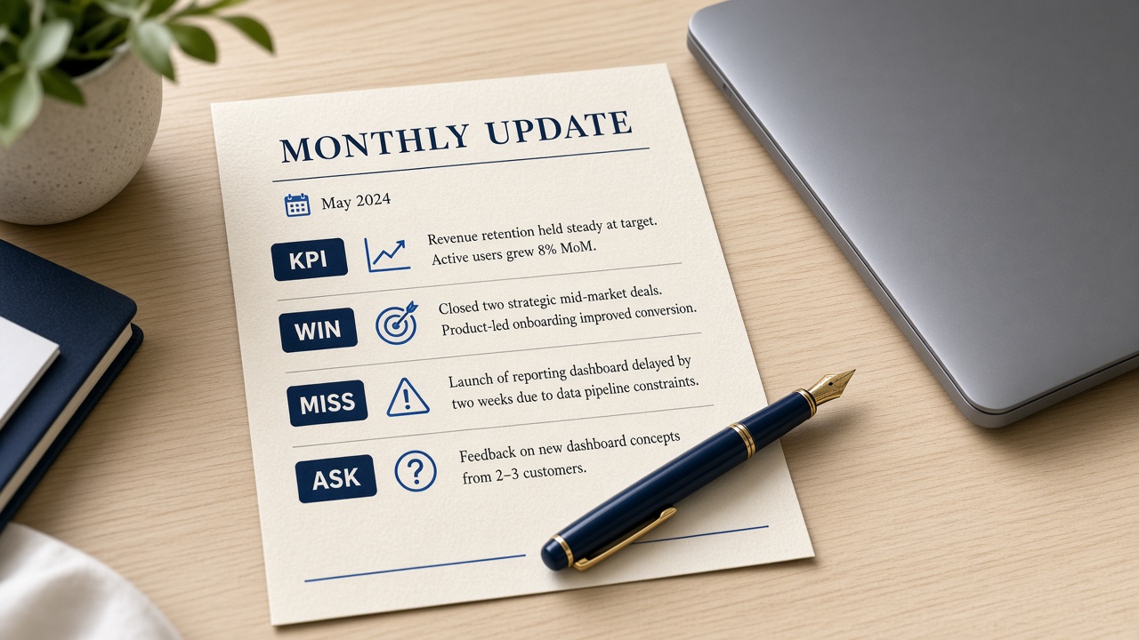 Un mémo investisseurs imprimé sur un bureau: la surface disciplinée d'une vraie update mensuelle.