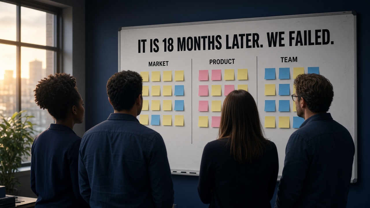 A whiteboard during a pre-mortem session — failure modes, mapped before they can ambush the team.